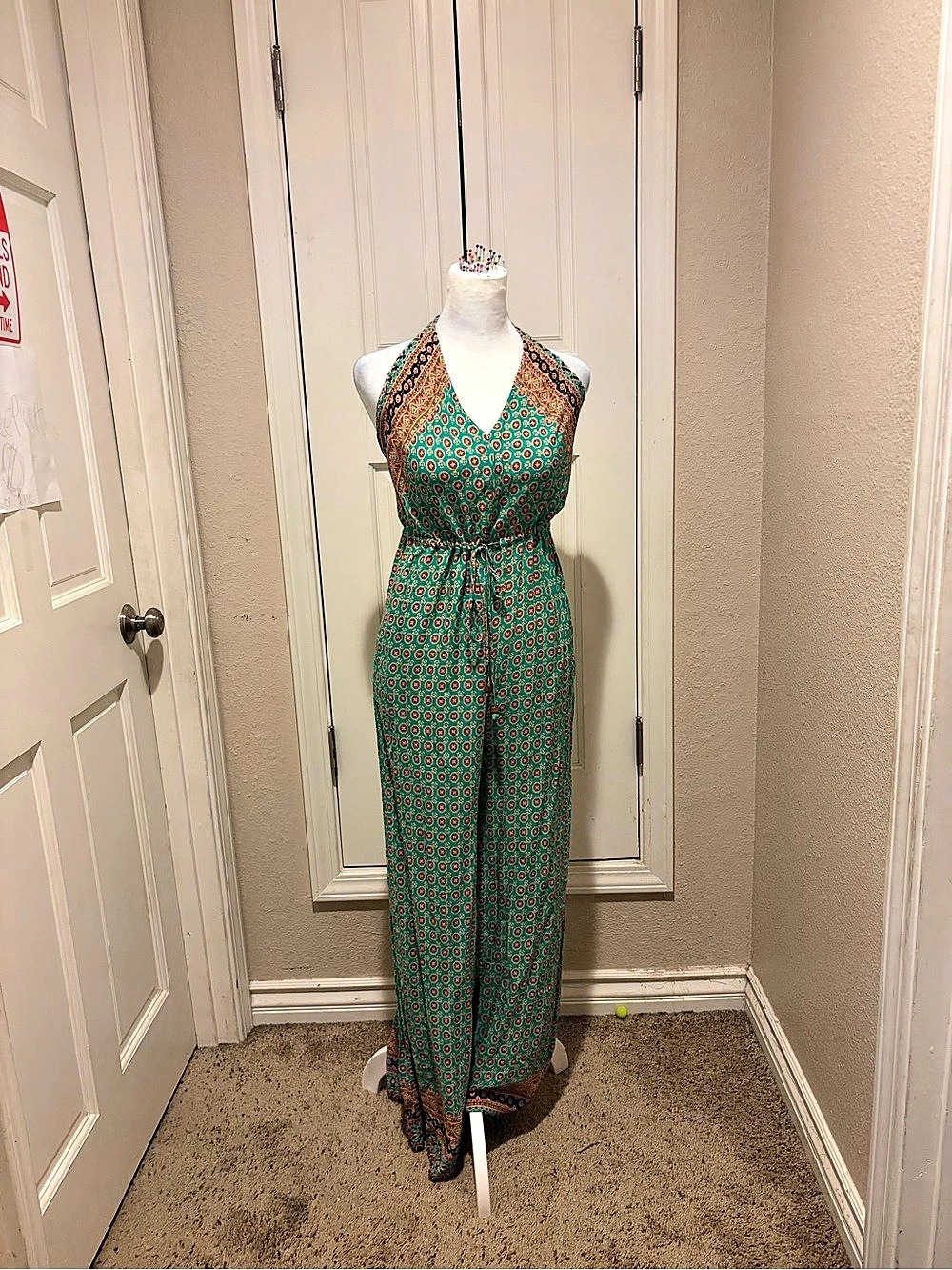 Aakaa Geometric Wide Leg Jumpsuit in Green Size Small
